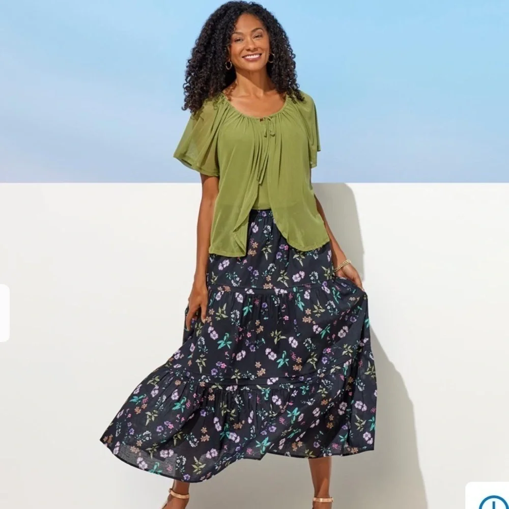 Antthony HSN Black Floral Cottagecore 100%‎ Cotton Tiered Skirt w/Pockets Sz L
